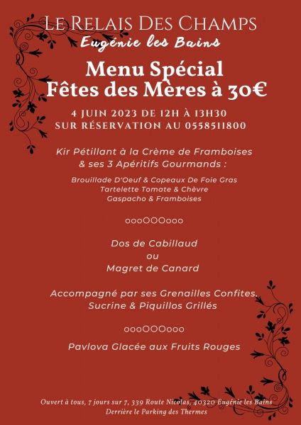 Menu Fêtes des Mères 2023